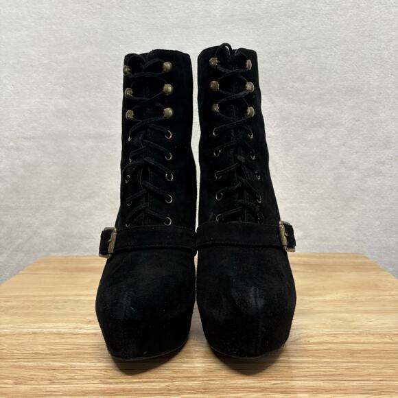 Steve Madden Carnaby Black Suede Lace-Up Platform Boots | Chunky Wooden Heel 6.5 - Picture 5 of 13